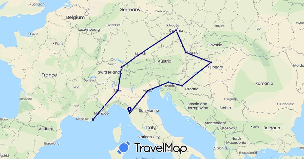 TravelMap itinerary: driving in Austria, Czech Republic, France, Croatia, Hungary, Italy, Liechtenstein, Slovenia (Europe)